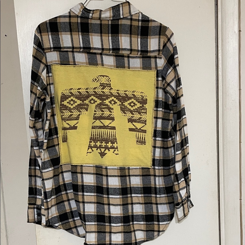 Women's Plaid Button Down Shirt with Yellow Graphic